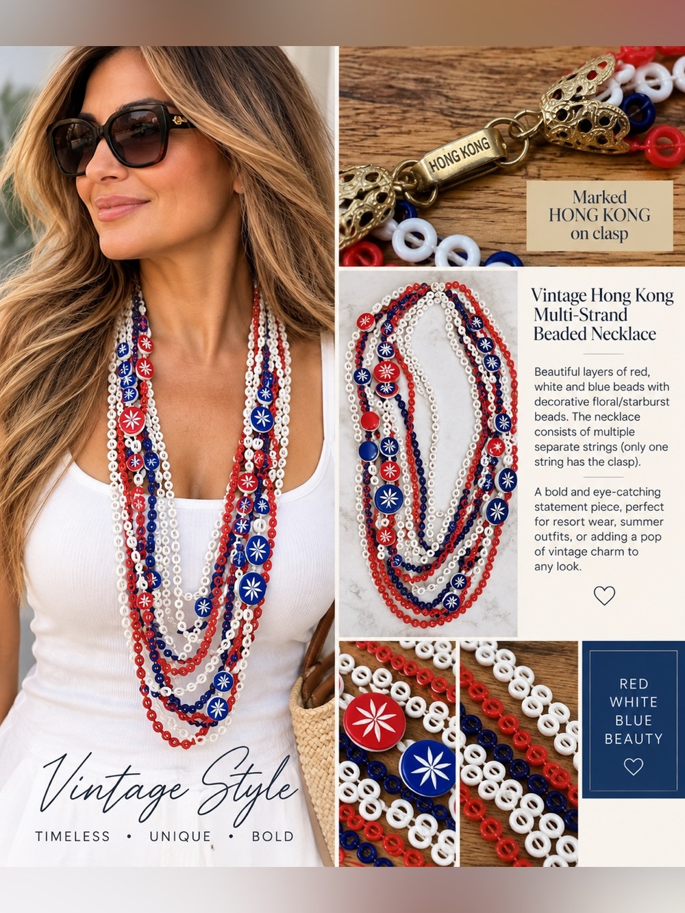 Vintage Multi-Strand Red White & Blue Beaded Necklace -